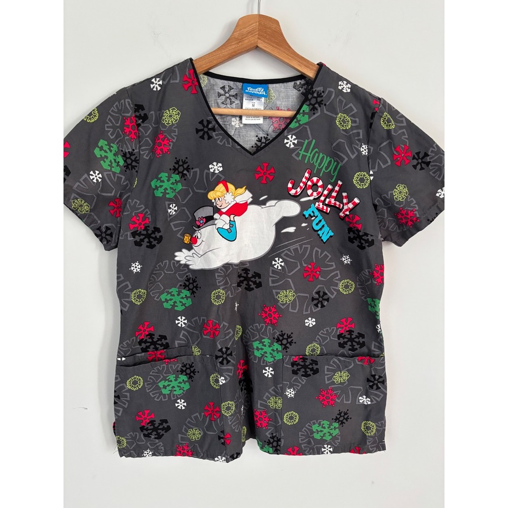 Frosty the Snowman Holiday Scrub Top Gray V-Neck Christmas Medical Uniform M